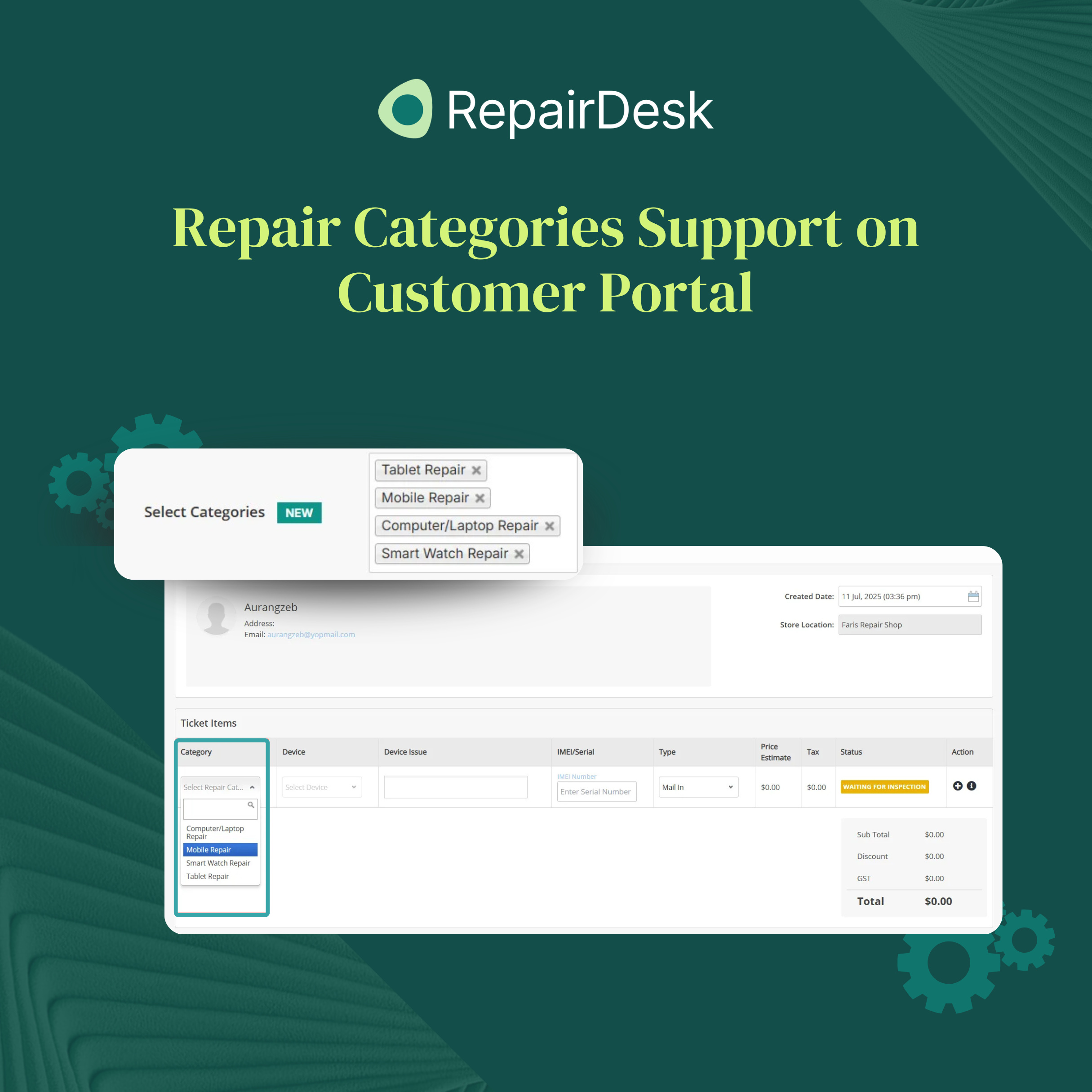 Repair Categories Support on Customer Portal